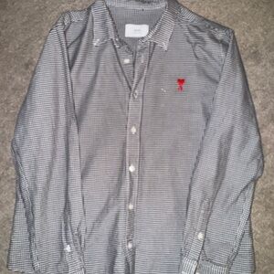 Ami Gray and Red Dress Shirt with Subtle Checkered Pattern